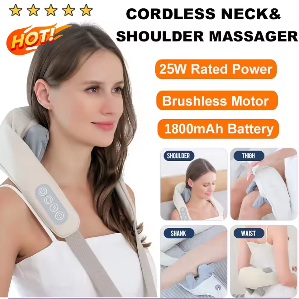 Hot New Brushless Motor Neck and Shoulder Massager Wireless Shoulder and Back Kneading Massage Shawl Neck Masajeador Family Gift