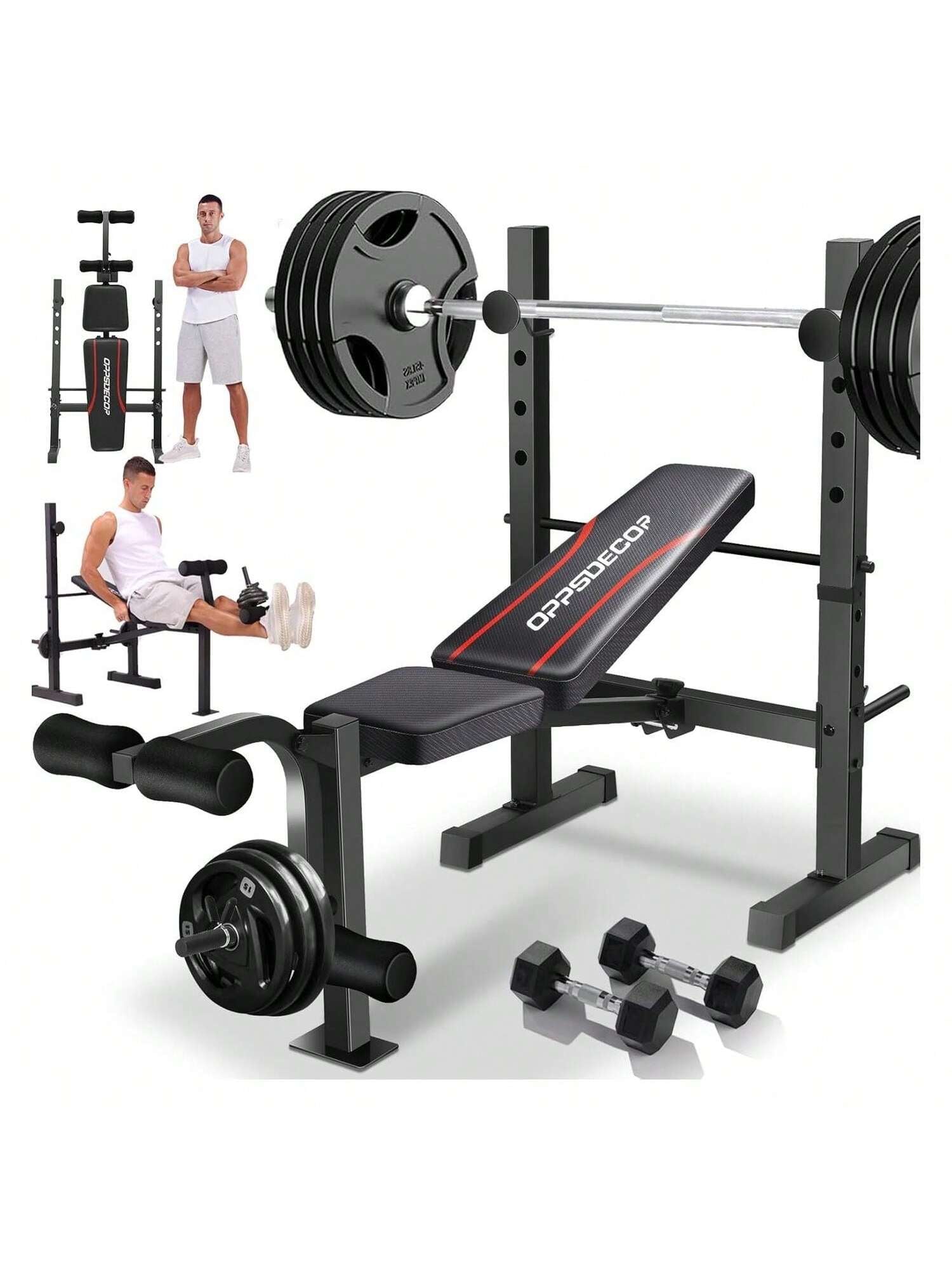 Weight Bench Set, 600LBS Adjustable Bench Press Set with Squat Rack & Leg Extension, Folding Workout Bench Set for Full Body Workout, Standard Weight Training Benches for Home Gym Exercise Carbon