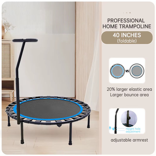 40" Foldable Trampoline Fitness Trampoline Adjustable Handrail Kids Adults Small Trampoline Outdoor Home Gym Rebounder Jumping