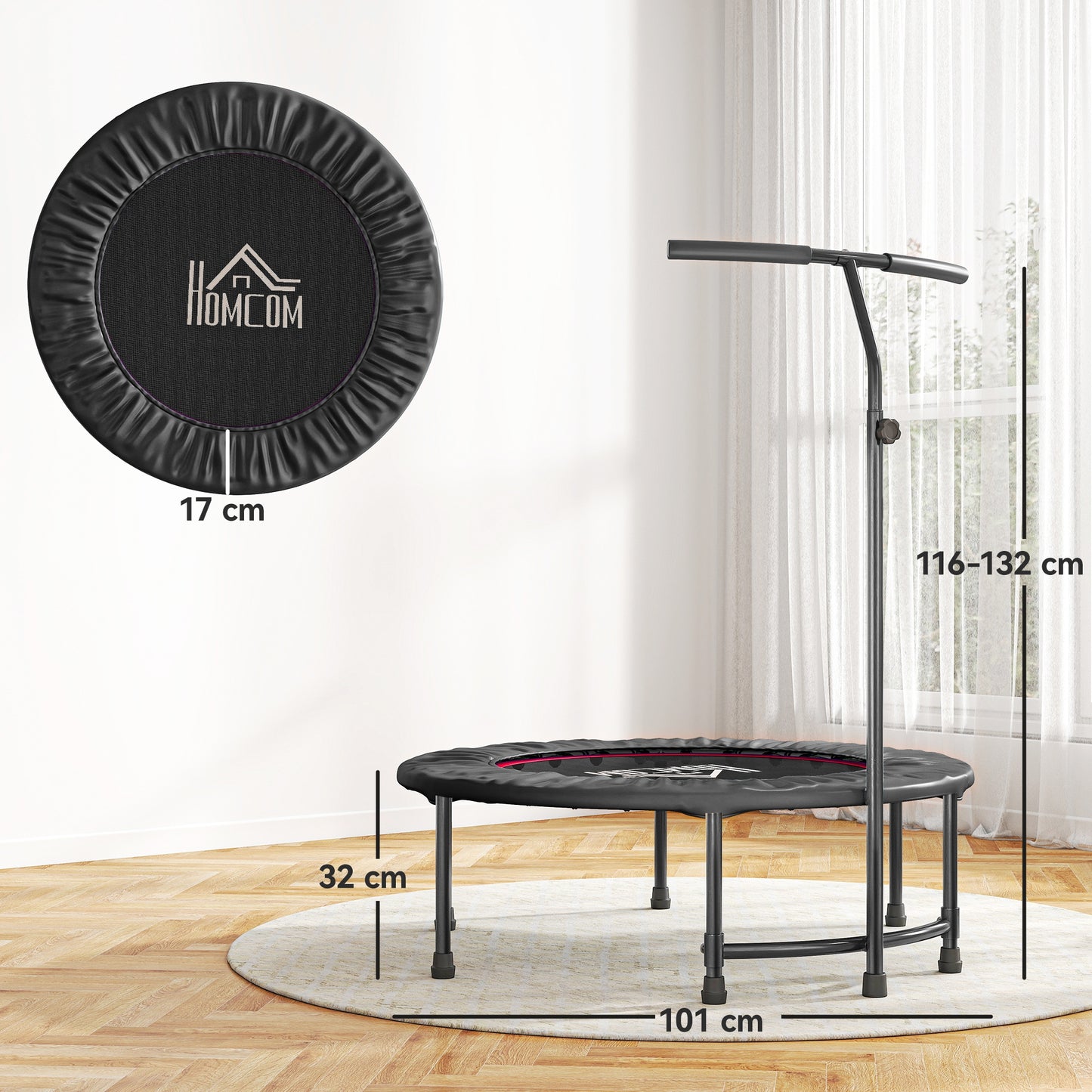 40" Fitness Trampoline With Adjustable Handle, Rebounder Trampoline, Mini Jumper For Indoor Exercise Workout, Black